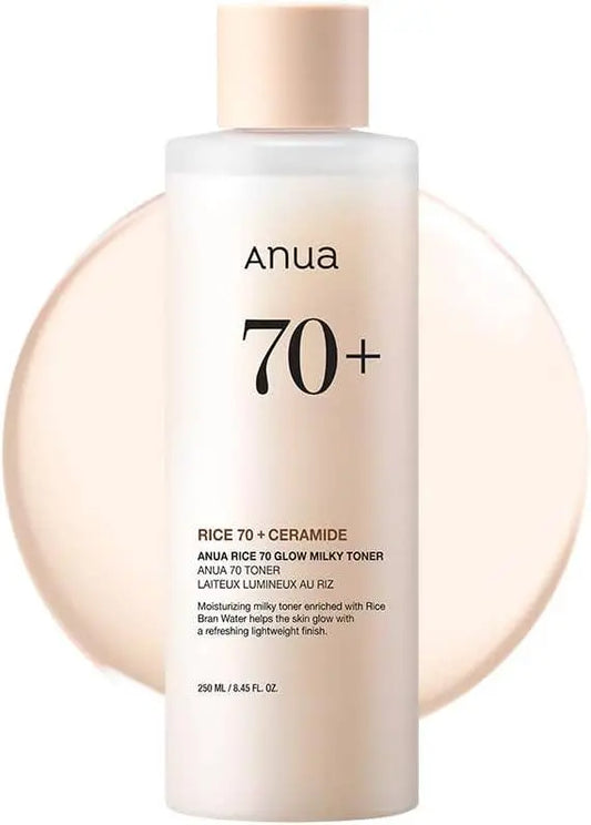 Anua Rice 70 Glow Milky Toner with Rice Bran Water and Niacinamide, a Korean milky toner for hydration, brightening, and glass skin.