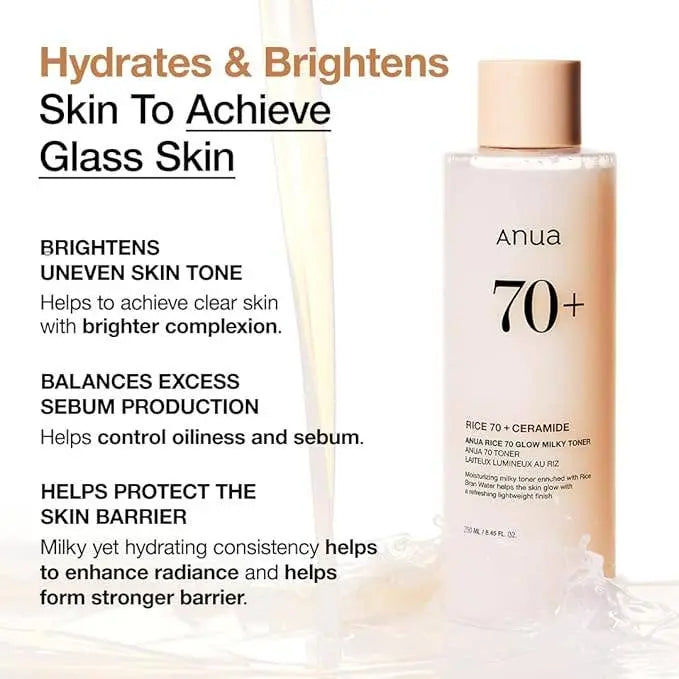 Anua Rice 70 Glow Milky Toner with Rice Bran Water and Niacinamide, a Korean milky toner for hydration, brightening, and glass skin.