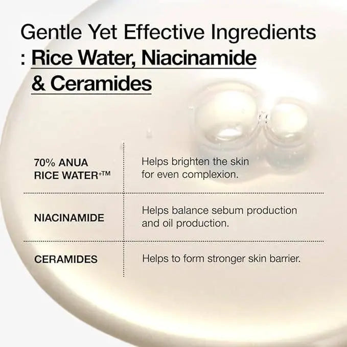 Anua Rice 70 Glow Milky Toner with Rice Bran Water and Niacinamide, a Korean milky toner for hydration, brightening, and glass skin.