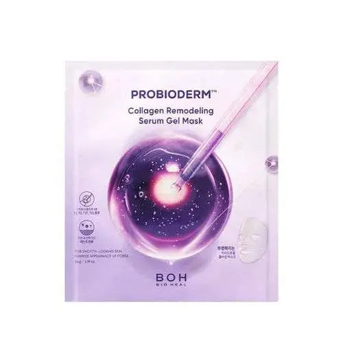 BIOHEAL BOH PROBIODERM Collagen Remodeling Serum Gel Mask single sheet, a Korean K-beauty hydrogel mask infused with collagen and probiotics for hydrating, firming, and glass skin results