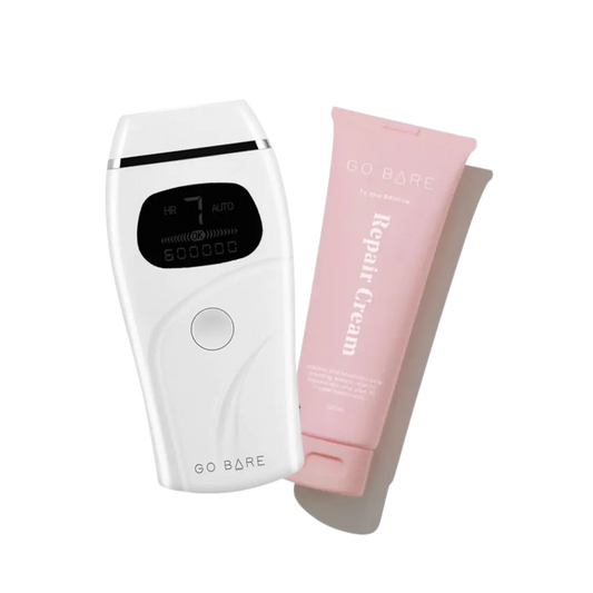 Dynamic Duo Go Bare GO Bare IPL device and Repair Cream- innovative for permanent hair reduction ay home