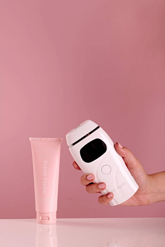 Dynamic Duo Go Bare GO Bare IPL device and Repair Cream- innovative for permanent hair reduction ay home