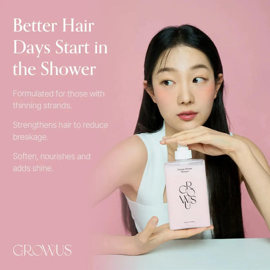 GROWUS Damage Therapy Shampoo 500ml bottle for damaged hair, showing its ability to restore shine, hydrate, control frizz, and strengthen hair with Marine Collagen, Himalayan Pink Salt, Seaweed Complex, Protein Complex, and Ceramide NP. Korean-made for healthy, vibrant hair_NextGen Glam