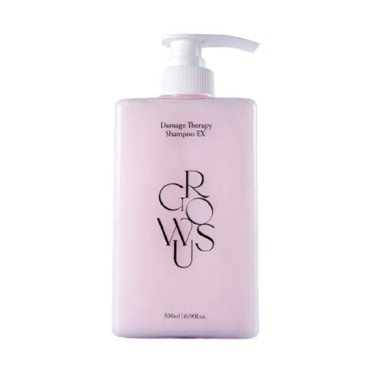 GROWUS Damage Therapy Shampoo 500ml bottle for damaged hair, showing its ability to restore shine, hydrate, control frizz, and strengthen hair with Marine Collagen, Himalayan Pink Salt, Seaweed Complex, Protein Complex, and Ceramide NP. Korean-made for healthy, vibrant hair_NextGen Glam