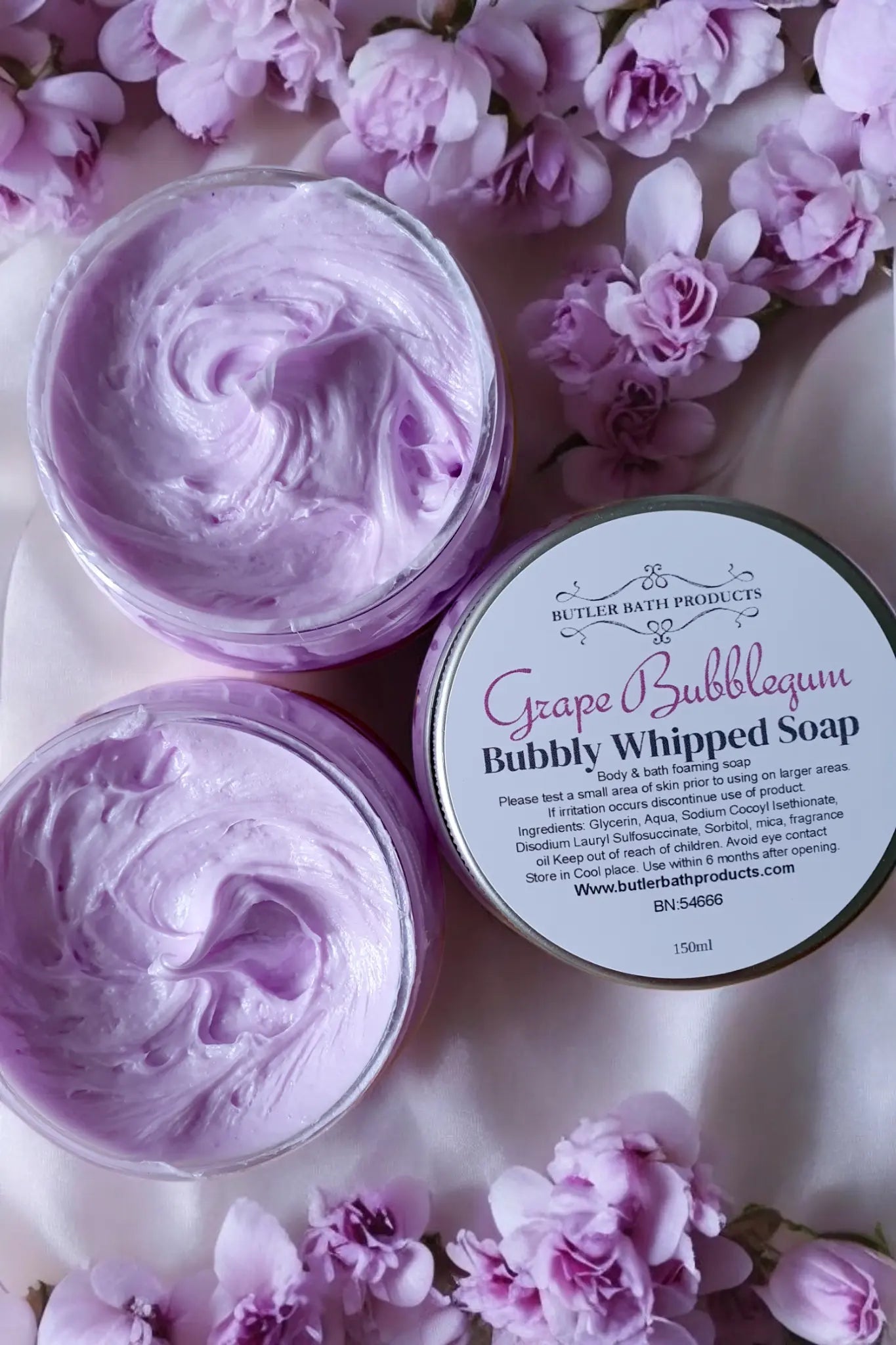 Grape bubblegum whipped soap Butler Bath Products shop name
