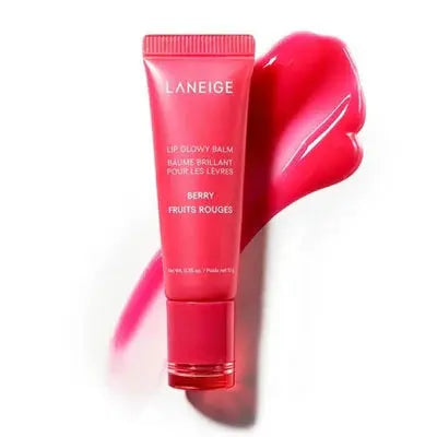 LANEIGE Lip Glowy Balm 10g in sleek tube packaging, a Korean K-beauty lip balm designed for daily hydration and a glossy, tinted finish, available in various fruity flavors