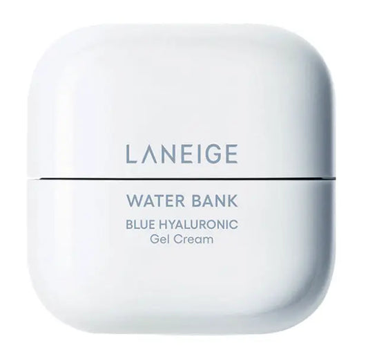 LANEIGE Water Bank Blue Hyaluronic Gel Cream in 50ml jar, a Korean K-beauty moisturizer with lightweight gel texture, infused with hyaluronic acid for deep hydration and a glass skin finish