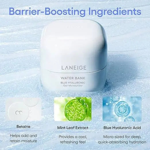 LANEIGE Water Bank Blue Hyaluronic Gel Cream in 50ml jar, a Korean K-beauty moisturizer with lightweight gel texture, infused with hyaluronic acid for deep hydration and a glass skin finish