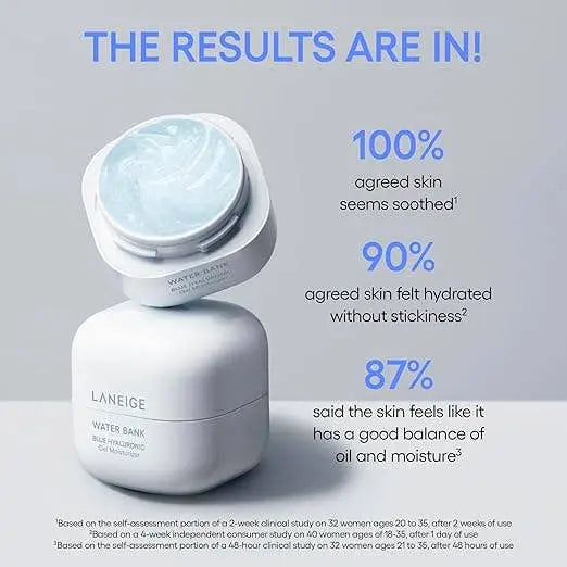 LANEIGE Water Bank Blue Hyaluronic Gel Cream in 50ml jar, a Korean K-beauty moisturizer with lightweight gel texture, infused with hyaluronic acid for deep hydration and a glass skin finish