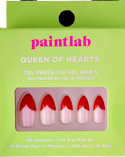 Almond-shaped red press-on nails with heart-shaped French tips, romantic and bold, long-lasting UV-coated manicure kit with glue and tools -NextGen Glam