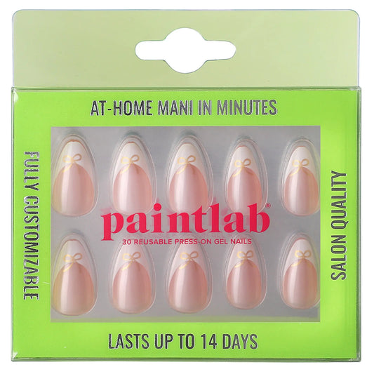 Frenchie Bow Press-On Nail Set featuring almond-shaped tips with a pearl chrome finish and delicate bow accents. These high-quality press-on nails offer a salon-quality look with long-lasting wear, designed for easy at-home application. The set includes multiple nail sizes, nail glue, a cuticle stick, nail file, prep pad, and a reusable storage box. Ideal for elegant, mess-free manicures that last up to two weeks._NextGen Glam