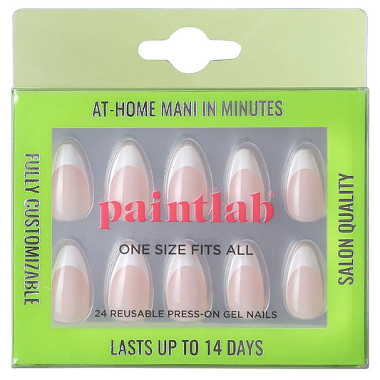 PaintLab Tres Jolie Press-on Nails Paint Lab - Frenchie Press-On Nail Set featuring almond-shaped nails with a pearl chrome finish and delicate bow accents. The nails are arranged in a reusable storage box alongside nail glue, a cuticle stick, nail file, and prep pad. This high-quality, salon-style press-on nail set is designed for easy at-home application, offering a long-lasting, chip-resistant manicure with an elegant and feminine design. NextGen Glam