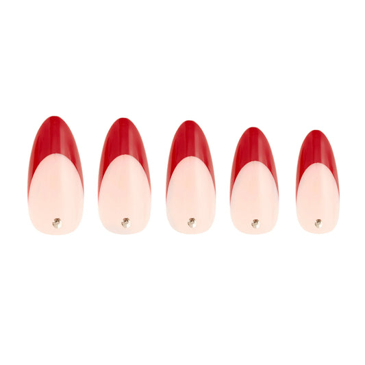 Almond-shaped press-on nails with deep wine-red French tips, nude base, and rhinestone accent, elegant long-lasting manicure kit with glue and tools-NextGen Glam