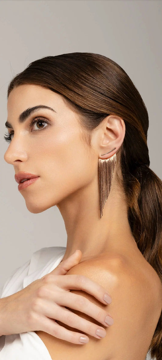 Rose gold statement earring with a diagonal cut design, glossy finish, and long silhouette; hypoallergenic and nickel-free, designed in Australia and ethically made-NextGen Gam