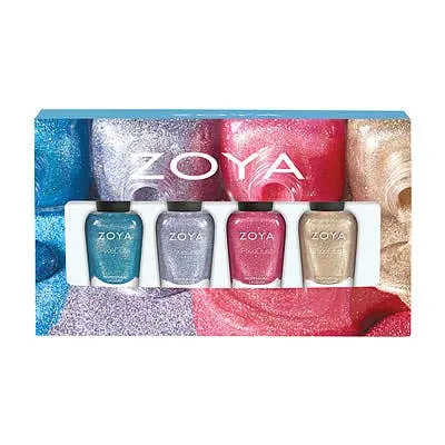 Zoya "Coastal Chic" Nail Polish Gift Set, showing 0.25oz bottles of metallic greige Levi, fuchsia pink Zooey, deep blue Bay, and smoky teal Tilly.