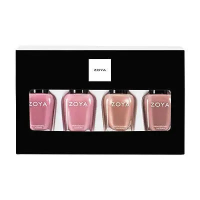 Close-up of Zoya's 10-free, vegan nail polish gift set with 0.5oz bottles of Zanna, Caresse, Lauren, and Jill, ideal for healthy, long-lasting manicures in Australia._NextGen Glam