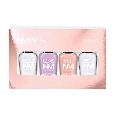Open Zoya Naked Manicure Women's Travel Kit, displaying 0.25oz bottles of Naked Base, Pink Perfector, Lavender Perfector, and Glossy Seal Topcoat _ NextGen Glam