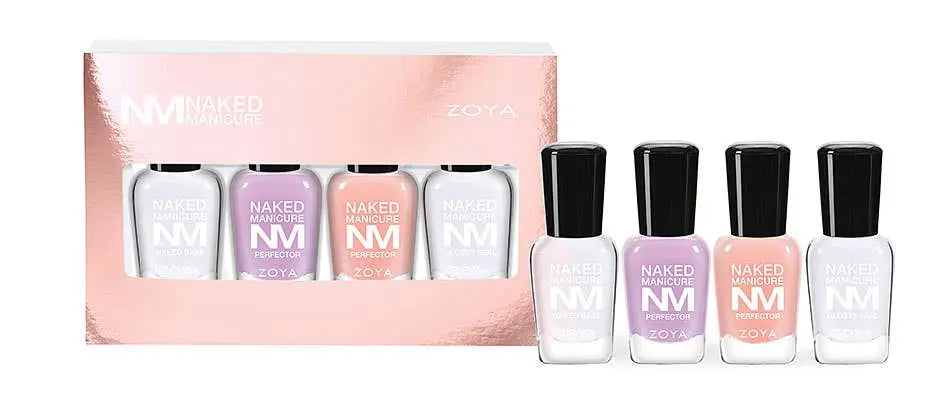 Open Zoya Naked Manicure Women's Travel Kit, displaying 0.25oz bottles of Naked Base, Pink Perfector, Lavender Perfector, and Glossy Seal Topcoat _ NextGen Glam