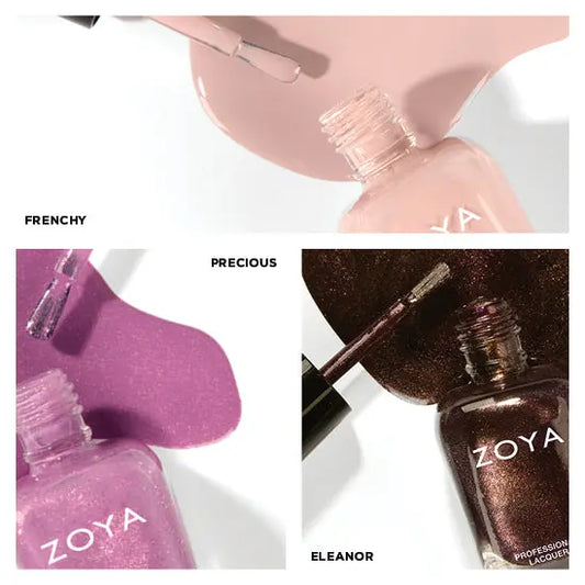 Six Zoya Enamored Collection Group A nail polishes in a box, displaying a mix of cream, shimmering holographic, and glossy liquid glass finishes. Shades include Frenchy and Eleanor , long lasting nail polish _NextGen Glam