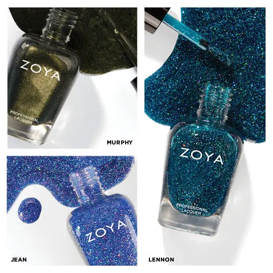 Six Zoya Enamored Collection Group A nail polishes in a box, displaying a mix of cream, shimmering holographic, and glossy liquid glass finishes. Shades include Frenchy and Eleanor , long lasting nail polish _NextGen Glam