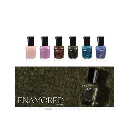 Six Zoya Enamored Collection Group A nail polishes in a box, displaying a mix of cream, shimmering holographic, and glossy liquid glass finishes. Shades include Frenchy and Eleanor , long lasting nail polish _NextGen Glam
