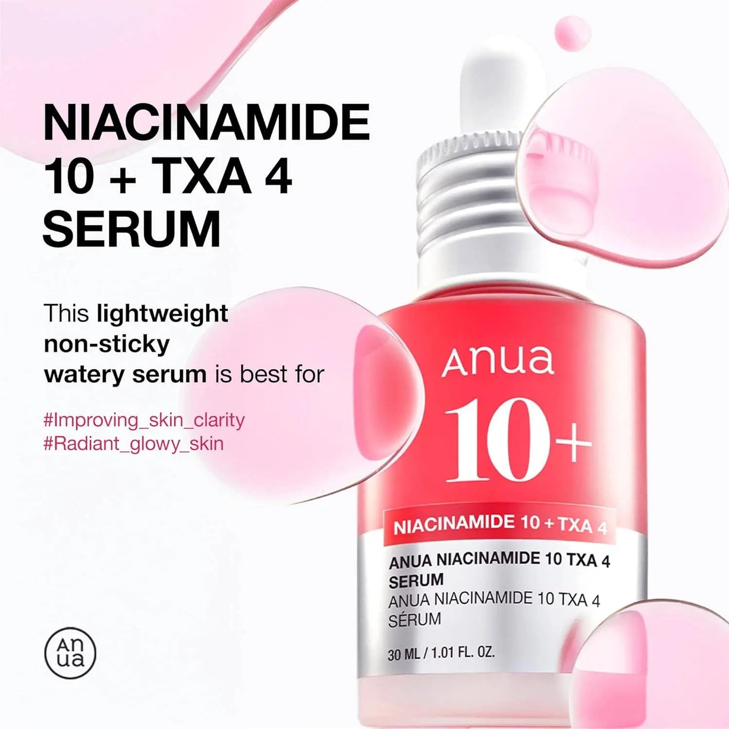 Korean Glass Skin Serum with 10% Niacinamide, 4% Tranexamic Acid, 2% Arbutin for brightening and pore care in Korean skincare routine.