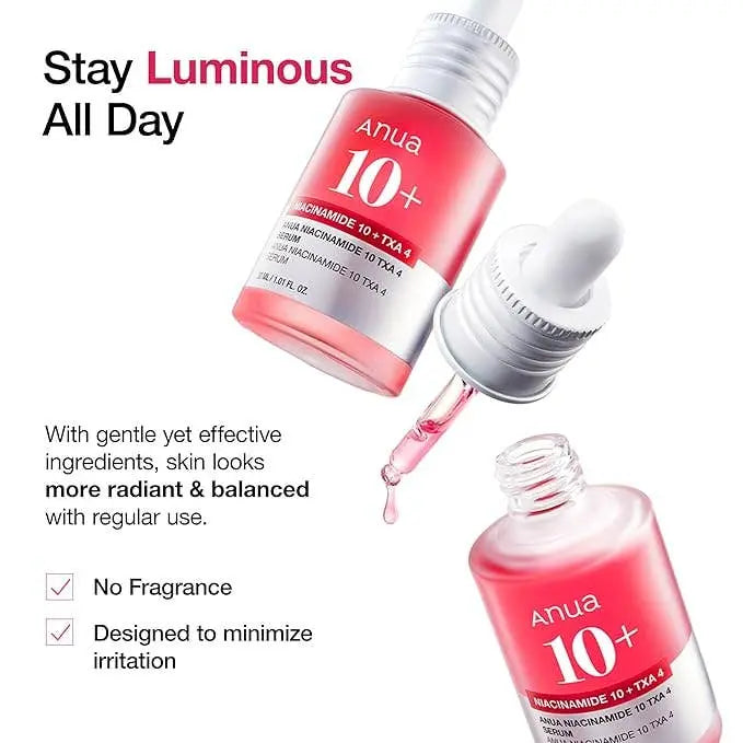 Korean Glass Skin Serum with 10% Niacinamide, 4% Tranexamic Acid, 2% Arbutin for brightening and pore care in Korean skincare routine.