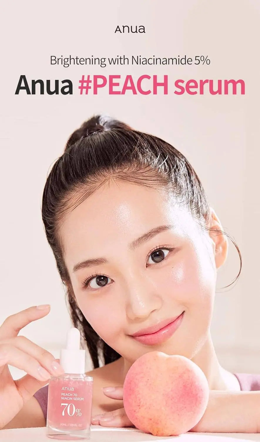 ANUA Peach 70 Niacin Serum – Korean skincare serum with Niacinamide for glass skin, brightening, and hydration. Ideal for TikTok viral skincare trends, paired with Korean toner for best results.