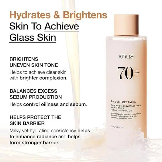 Anua Rice 70 Glow Milky Toner with Rice Bran Water and Niacinamide, a Korean milky toner for hydration, brightening, and glass skin.