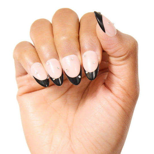 Almond-shaped press-on nails with black French tips, nude base, and rhinestone accents, long-lasting UV-coated manicure kit with glue and tools-NextGen Glam
