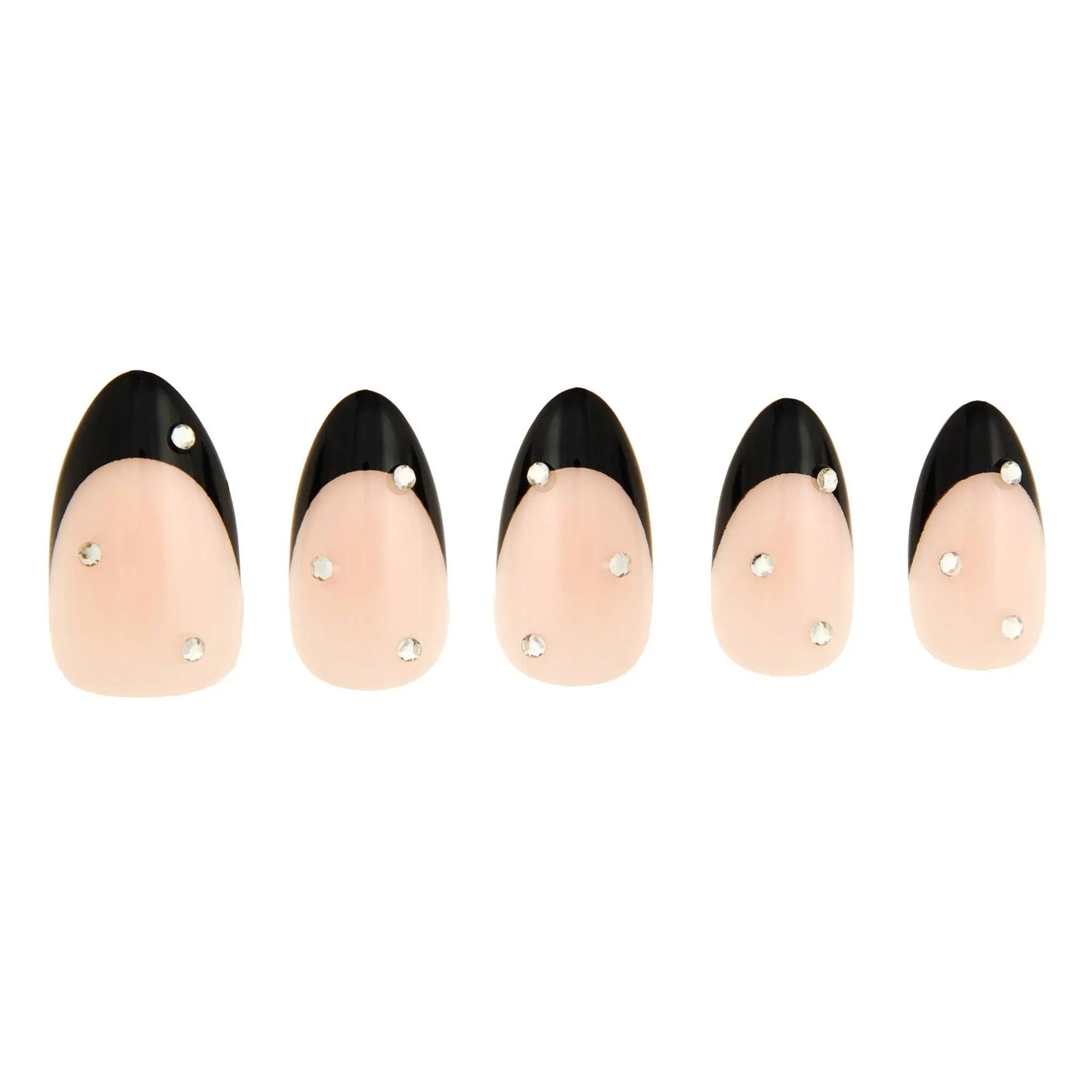 Almond-shaped press-on nails with black French tips, nude base, and rhinestone accents, long-lasting UV-coated manicure kit with glue and tools-NextGen Glam