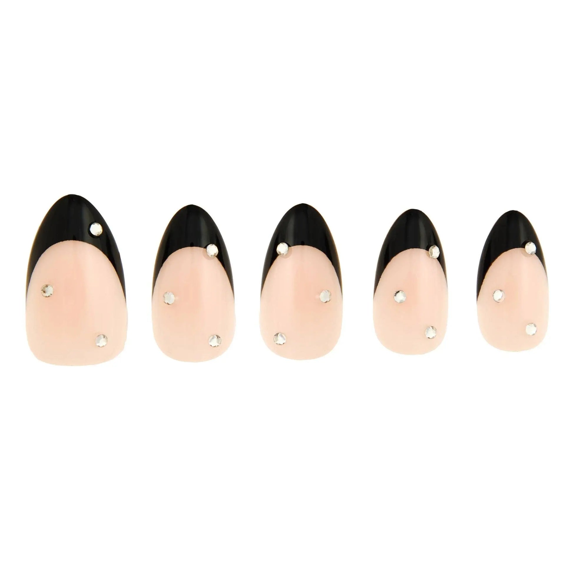 Almond-shaped press-on nails with black French tips, nude base, and rhinestone accents, long-lasting UV-coated manicure kit with glue and tools-NextGen Glam
