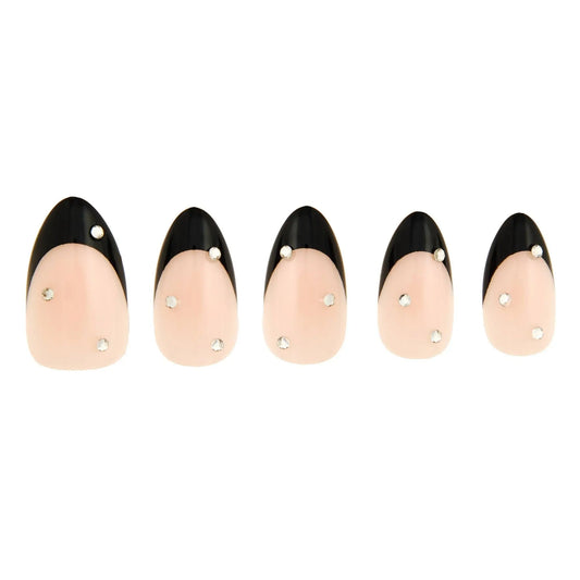 Almond-shaped press-on nails with black French tips, nude base, and rhinestone accents, long-lasting UV-coated manicure kit with glue and tools-NextGen Glam