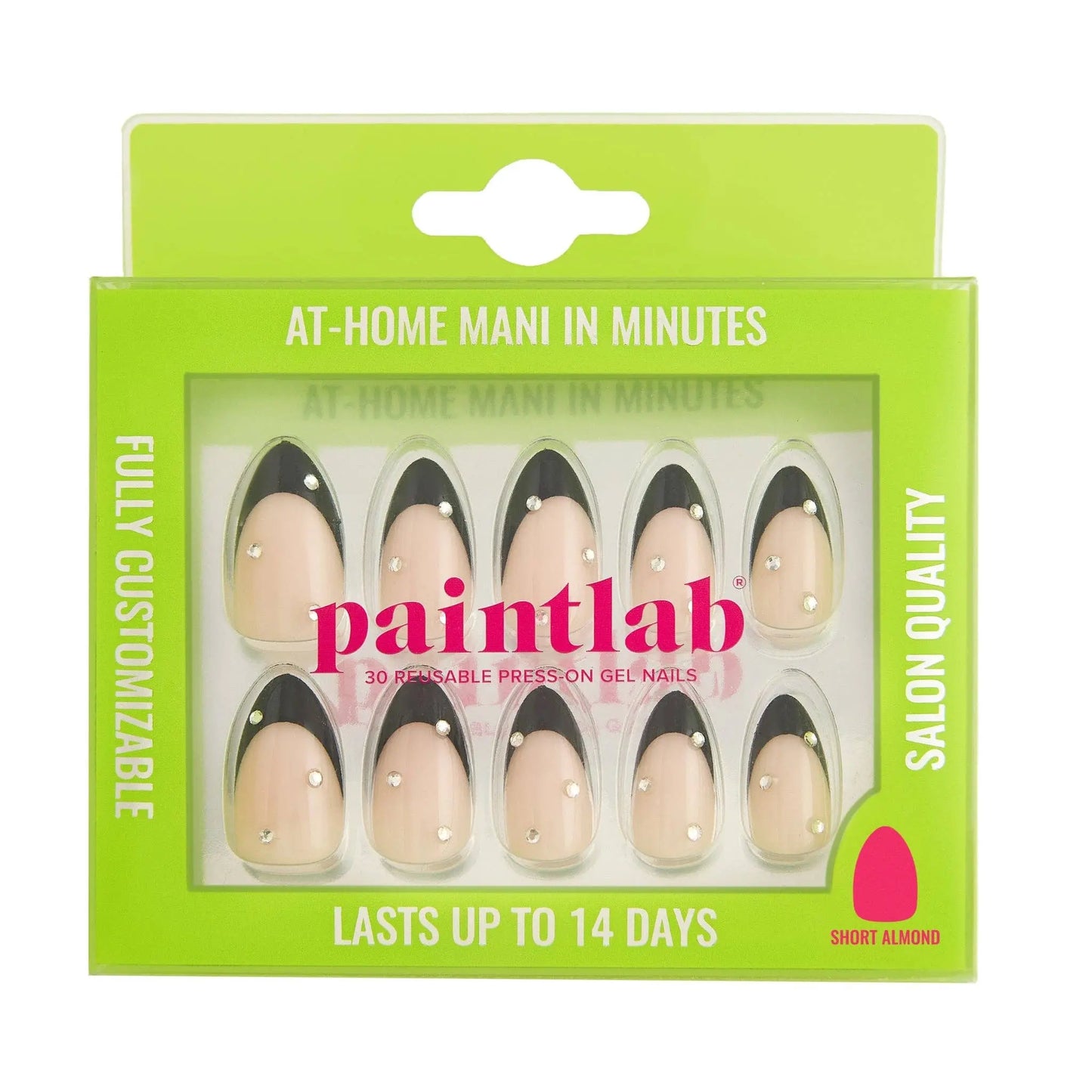 Almond-shaped press-on nails with black French tips, nude base, and rhinestone accents, long-lasting UV-coated manicure kit with glue and tools-NextGen Glam