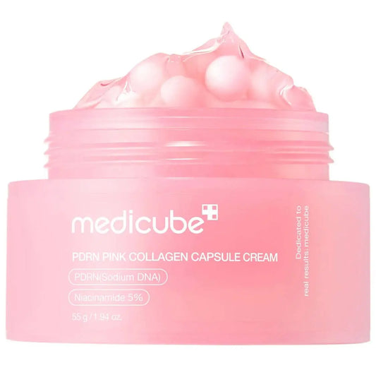 Medicube PDRN Pink Collagen Capsule Cream with encapsulated PDRN for firming, hydration, and glass skin glow in Korean skincare routine.

