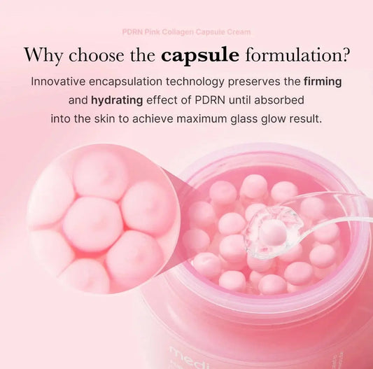 Medicube PDRN Pink Collagen Capsule Cream with encapsulated PDRN for firming, hydration, and glass skin glow in Korean skincare routine.

