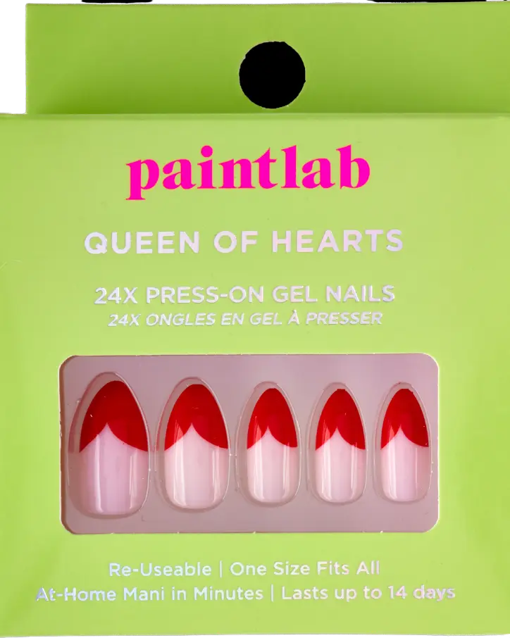 Almond-shaped red press-on nails with heart-shaped French tips, romantic and bold, long-lasting UV-coated manicure kit with glue and tools -NextGen Glam