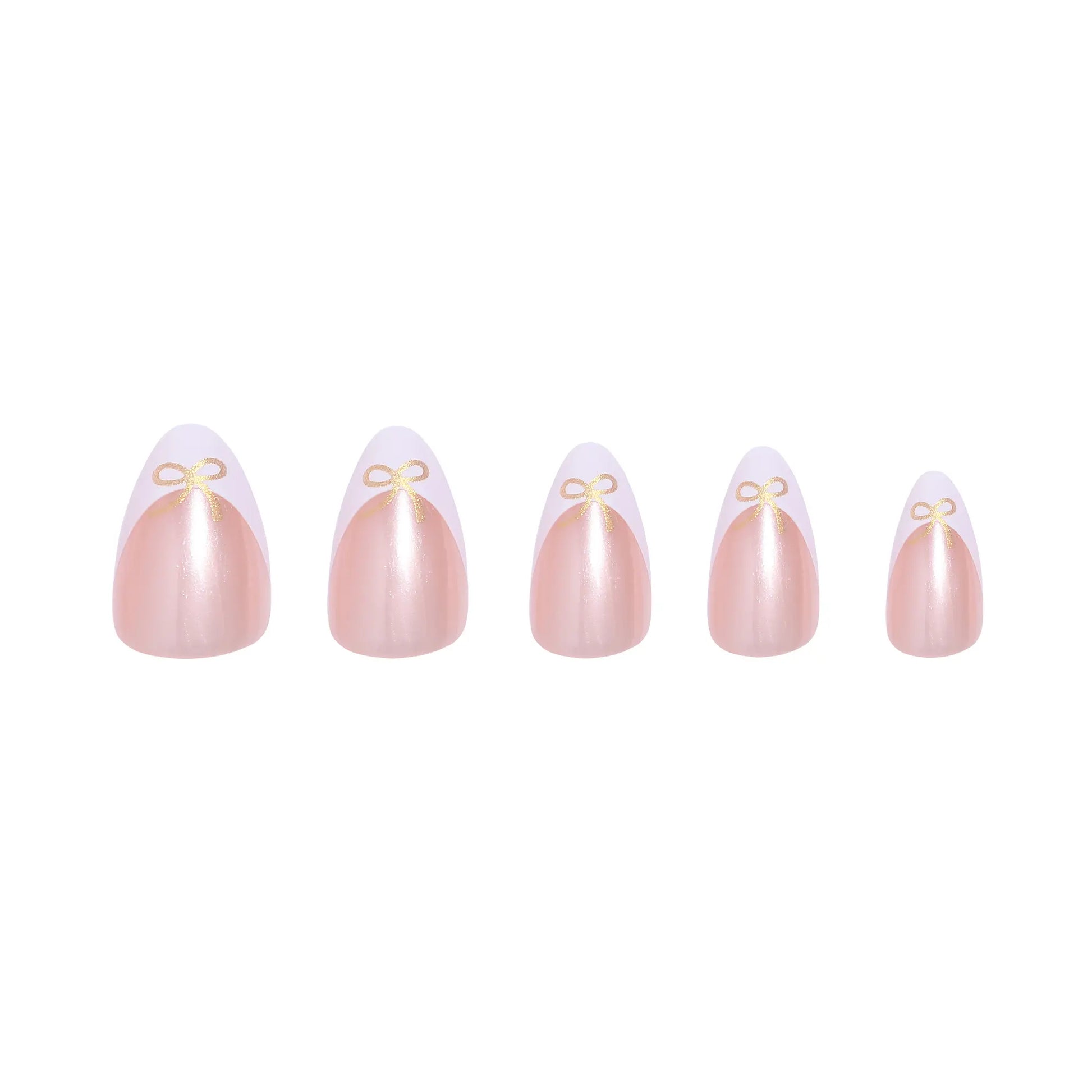 Frenchie Bow Press-On Nail Set featuring almond-shaped tips with a pearl chrome finish and delicate bow accents. These high-quality press-on nails offer a salon-quality look with long-lasting wear, designed for easy at-home application. The set includes multiple nail sizes, nail glue, a cuticle stick, nail file, prep pad, and a reusable storage box. Ideal for elegant, mess-free manicures that last up to two weeks._NextGen Glam