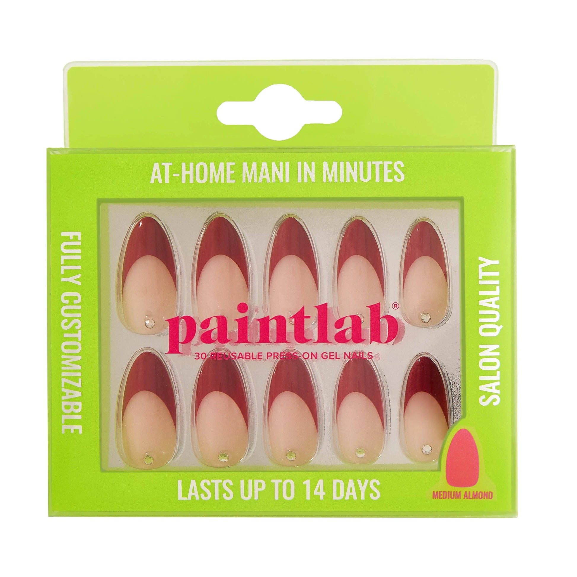 Almond-shaped press-on nails with deep wine-red French tips, nude base, and rhinestone accent, elegant long-lasting manicure kit with glue and tools-NextGen Glam