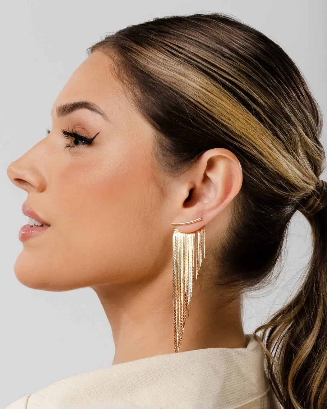 Rose gold statement earring with a diagonal cut design, glossy finish, and long silhouette; hypoallergenic and nickel-free, designed in Australia and ethically made-NextGen Gam