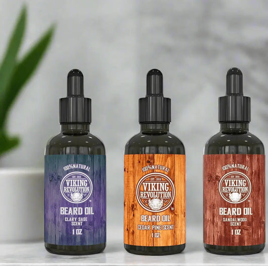 Viking Revolution - Beard Oil Conditioner 3 Pack - All Natural Variety Sandalwood, Pine & Cedar, Clary Sage - NextGen Glam