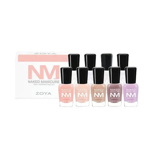 Zoya Naked Manicure Professional Kit with nine 0.25oz bottles: Pink Perfector, Lavender Perfector, Buff Perfector, Nude Perfector, Mauve Perfector, Tip Perfector, Base Coat, Glossy Seal Top Coat, and Satin Seal Top Coat_NextGen Glam