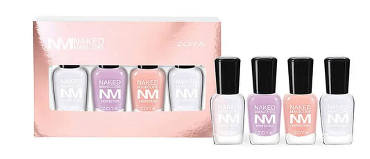 Open Zoya Naked Manicure Women's Travel Kit, displaying 0.25oz bottles of Naked Base, Pink Perfector, Lavender Perfector, and Glossy Seal Topcoat _ NextGen Glam